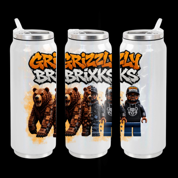 Three white insulated can-shaped tumblers with silver lids and straws, shown side by side on a black background. The center tumbler is obscured by a gray rectangle, but the visible designs feature orange and white graffiti-style text reading 'Grizz Brixks' with pixelated brown bears and a pixelated minifigure.