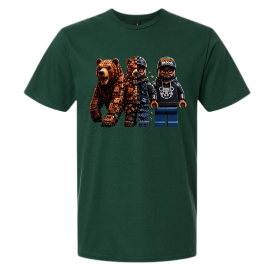 A dark green short-sleeve crewneck t-shirt featuring a graphic print of three bear-like characters resembling Lego minifigures, displayed on a solid white background.