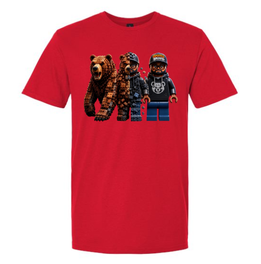 A red short-sleeve crewneck t-shirt featuring a graphic print of three bear-themed toy minifigures on the chest, displayed against a solid white background.