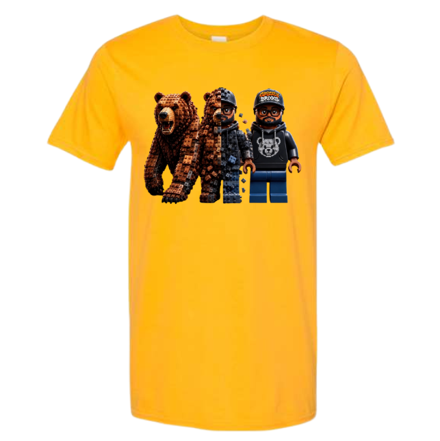 A bright yellow short-sleeve crewneck t-shirt featuring a graphic print of three bear-themed minifigures on the chest, displayed against a solid white background.