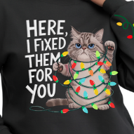 Cat with Christmas lights on a black sweatshirt with text