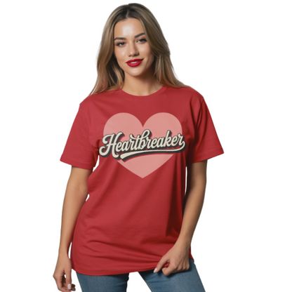Woman wearing a red t-shirt with 'Heartbreaker' design on a white background