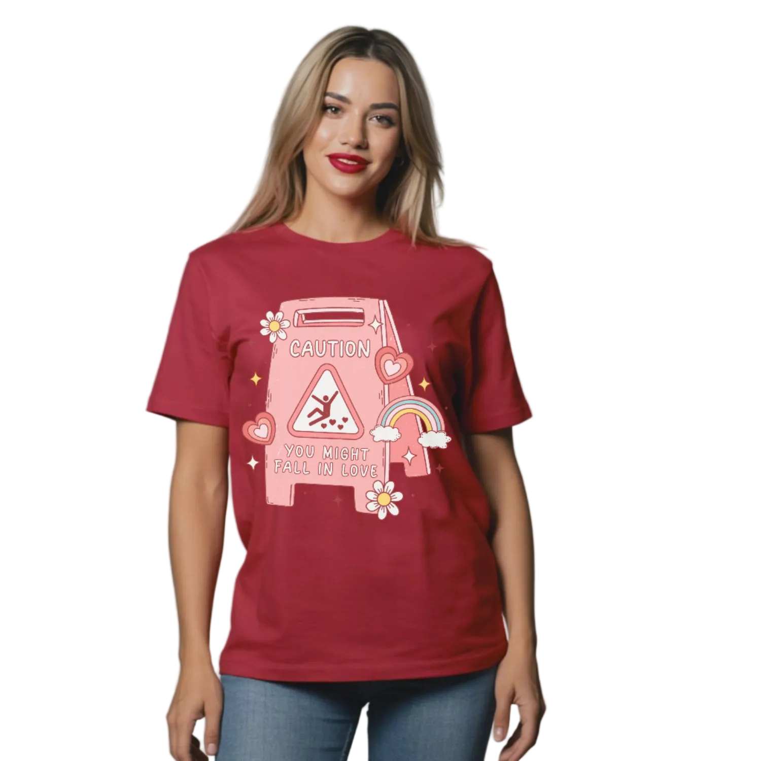 Woman wearing a red t-shirt with a graphic design on a plain background