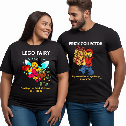 Two people wearing black t-shirts with 'LEGO FAIRY' and 'BRICK COLLECTOR' designs.