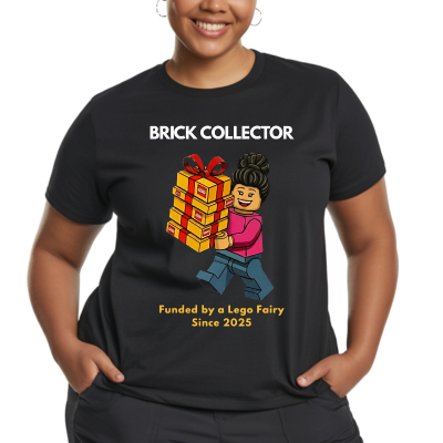 Person wearing a black t-shirt with 'Brick Collector' design and text.