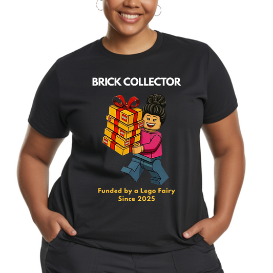 Person wearing a black t-shirt with 'Brick Collector' design and text.