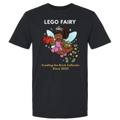 Black t-shirt with LEGO fairy graphic and text on a white background