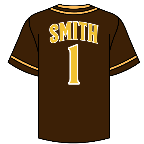 A custom youth baseball jersey in brown with yellow stripes, featuring the name 'SMITH' and the number '1' on the back.