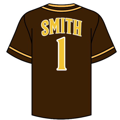 A custom youth baseball jersey in brown with yellow stripes, featuring the name 'SMITH' and the number '1' on the back.