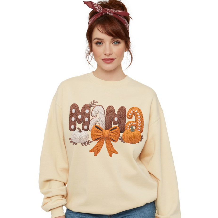 Woman wearing a beige sweatshirt with decorative text and graphics on a white background