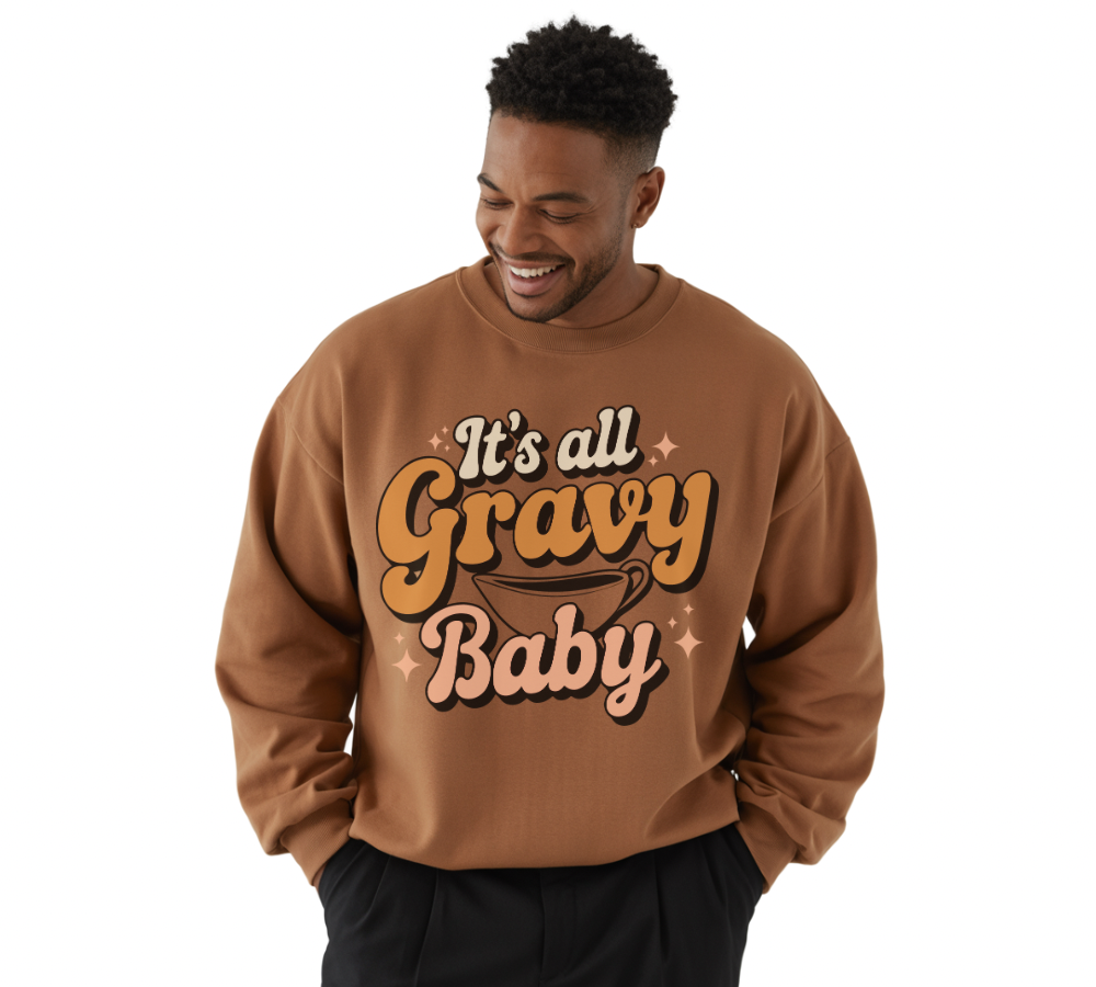Man wearing a brown sweatshirt with 'It's all Gravy Baby' text on a white background