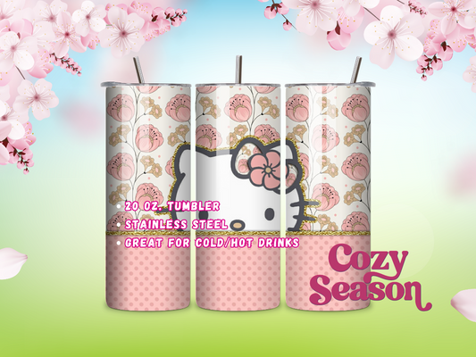 Pretty Flowers & Dots Kitty - 20oz Stainless Steel Travel Tumbler