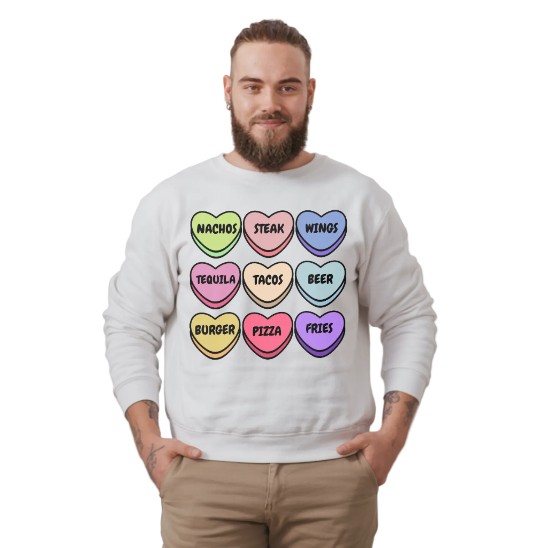 Person wearing a white sweatshirt with colorful heart-shaped text design on a plain background