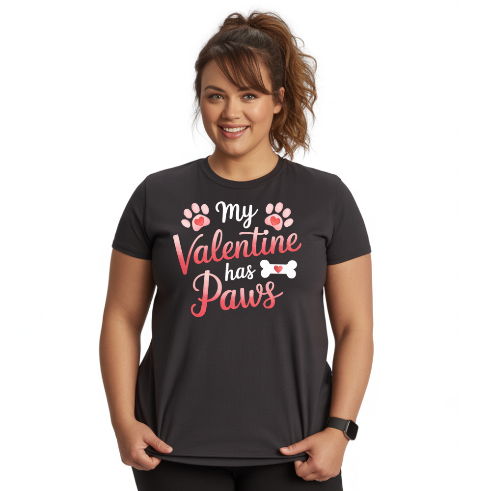 Woman wearing a black t-shirt with 'My Valentine has Paws' text and graphics on a white background