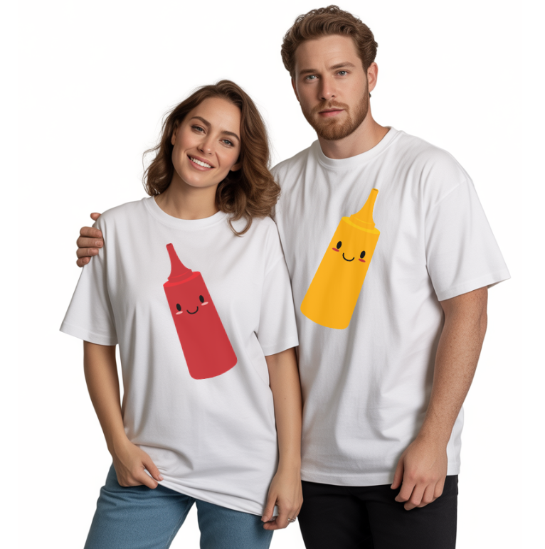 Two people wearing white t-shirts with red and yellow condiment bottle designs (ketchup and mustard) on a white background