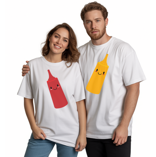 Two people wearing white t-shirts with red and yellow condiment bottle designs (ketchup and mustard) on a white background