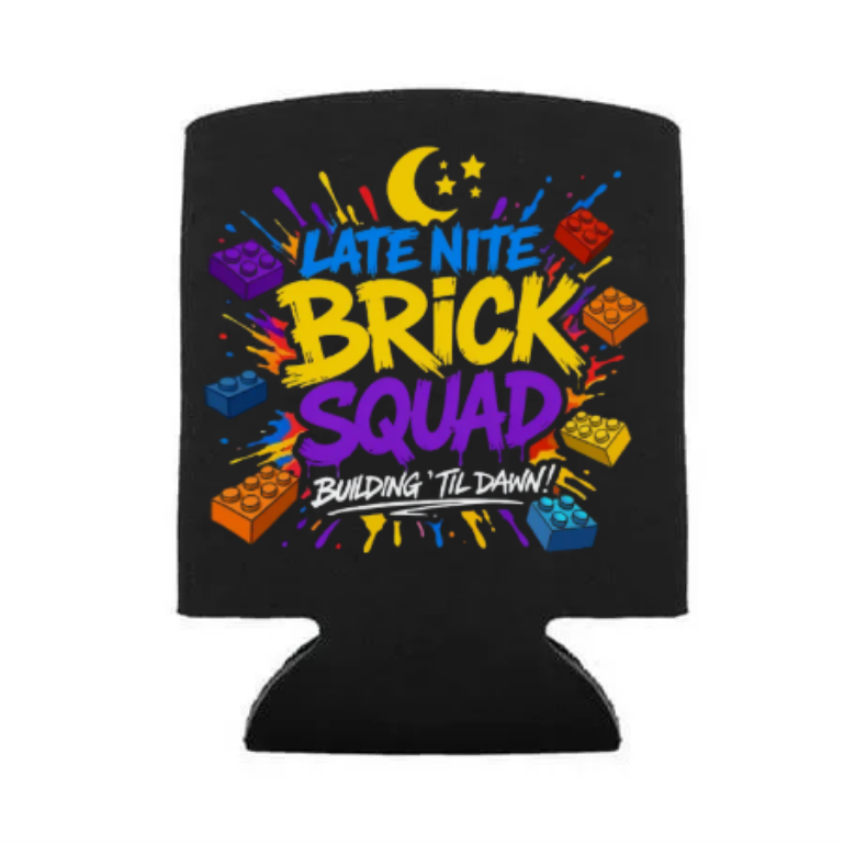 A black foam can cooler featuring a colorful graphic design with the text 'LATE NITE BRICK SQUAD' and 'BUILDING 'TIL DAWN!' surrounded by toy brick and block illustrations.