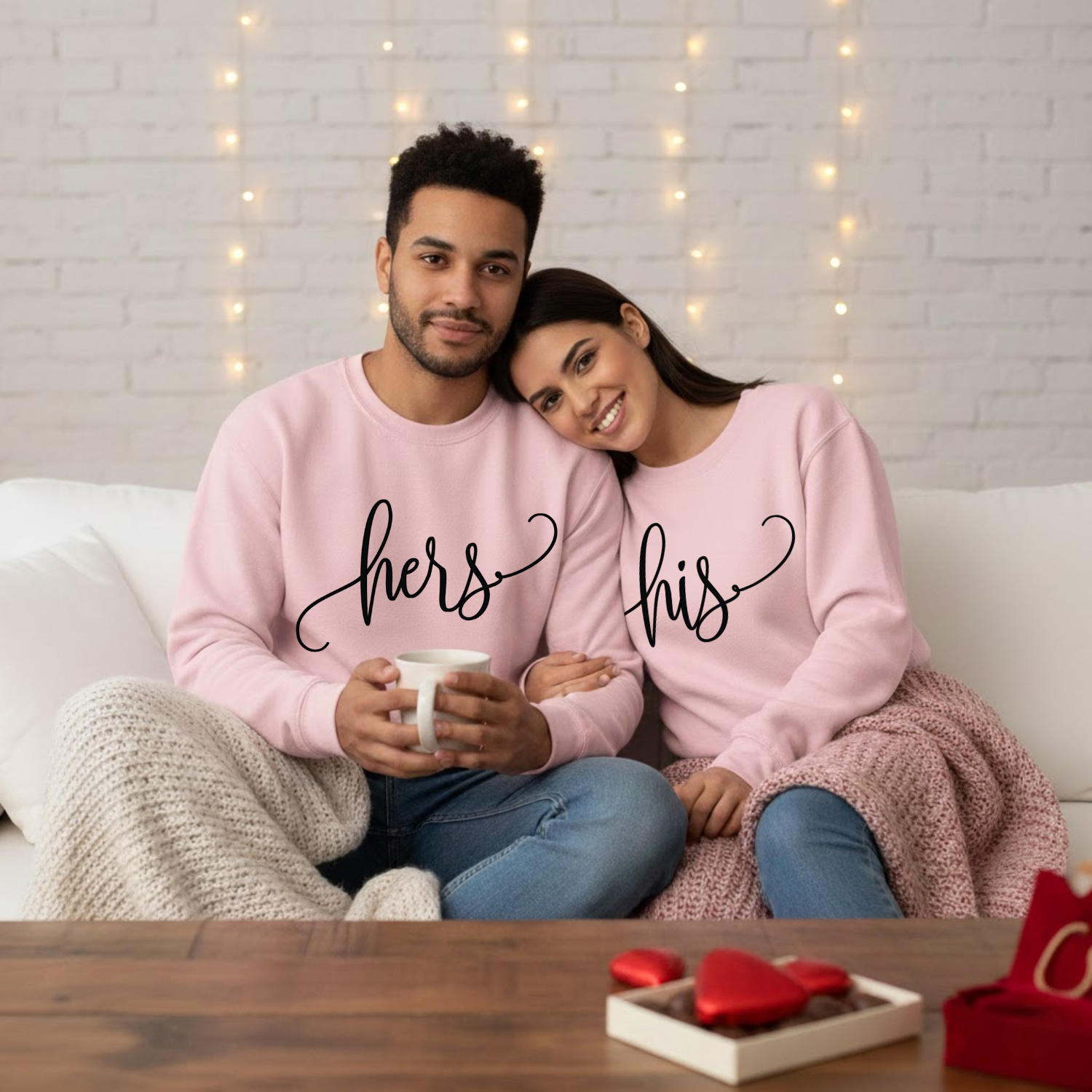 Couple wearing 'his' and 'hers' sweaters sitting on a couch with string lights in the background.