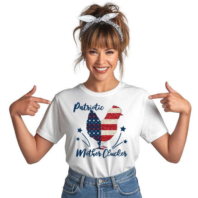 Woman wearing a white t-shirt with a graphic design and text, pointing at the shirt.