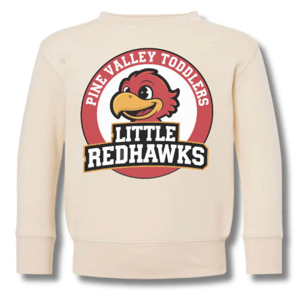 Beige sweatshirt with 'Little Redhawks' logo on a white background