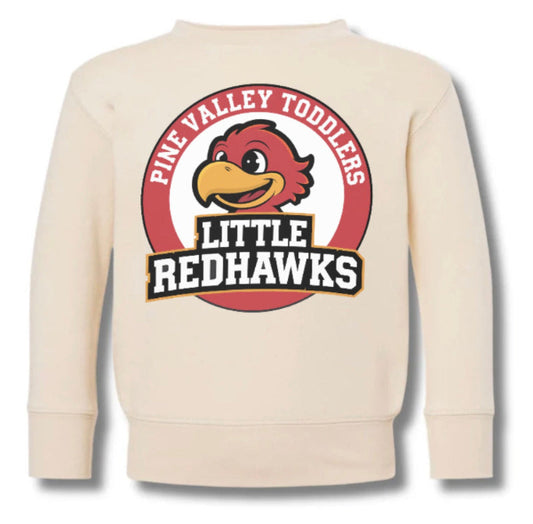 Beige sweatshirt with 'Little Redhawks' logo on a white background