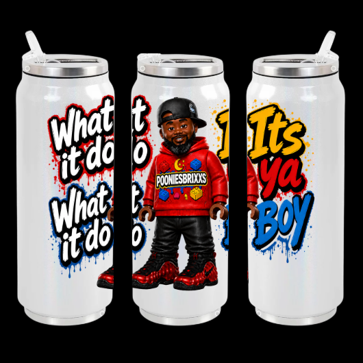 Three white insulated can-shaped tumblers with clear lids and metal straws, shown side by side on a black background. The tumblers feature colorful graphic prints with the text 'What it do' and 'It's ya Boy', plus an illustrated character wearing a red hoodie and black pants.