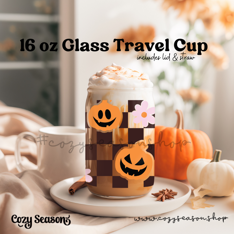 PUMPKINS, CHECKERS & FLOWERS  - Glass Travel Cup