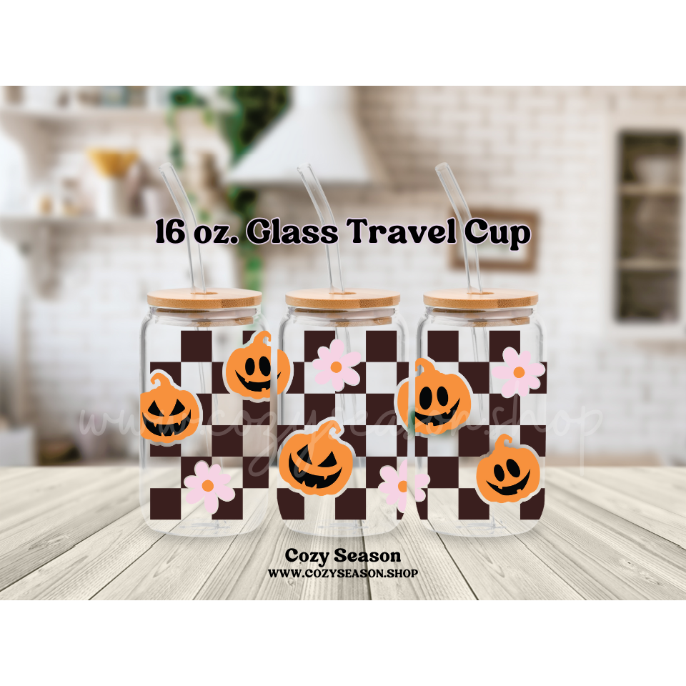 PUMPKINS, CHECKERS & FLOWERS  - Glass Travel Cup