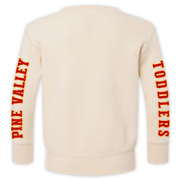 Beige sweatshirt with 'Pine Valley' and 'Toddlers' text on sleeves against a white background