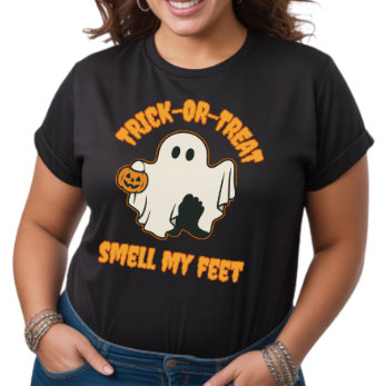 Person wearing a black t-shirt with Halloween-themed design featuring a ghost and text.