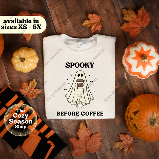 SPOOKY BEFORE COFFEE - White Basic T-Shirt