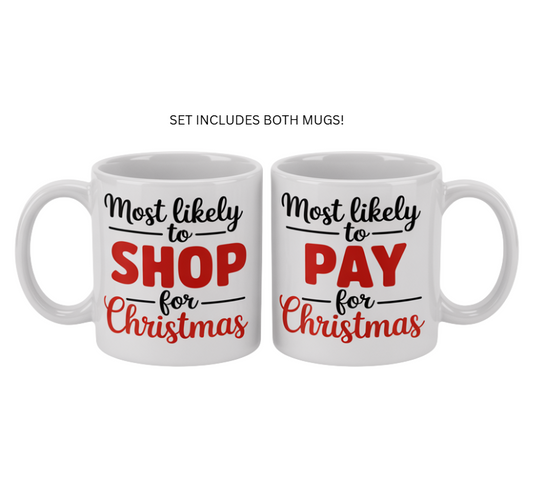 Two white mugs with humorous Christmas text on a white background