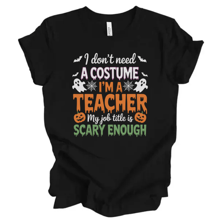 Black t-shirt with Halloween-themed text and graphics on a white background