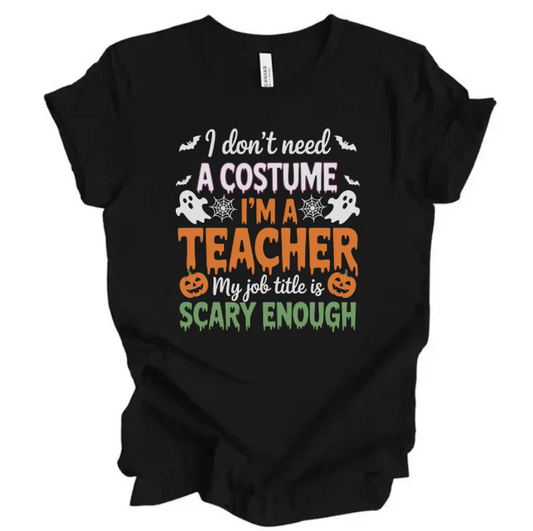 Black t-shirt with Halloween-themed text and graphics on a white background