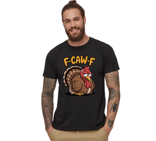 Man wearing a black t-shirt with a cartoon turkey and text on a white background