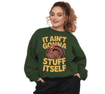 Person wearing a green sweatshirt with a turkey graphic and text on a white background