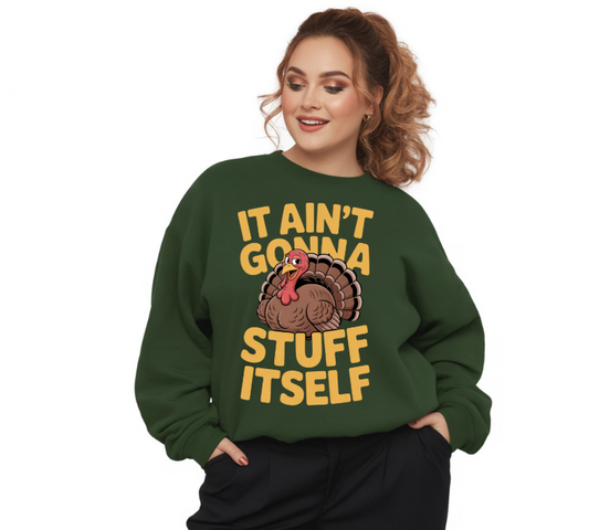 Person wearing a green sweatshirt with a turkey graphic and text on a white background