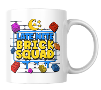White mug with 'Late Nite Brick Squad' design featuring colorful building blocks and a moon.