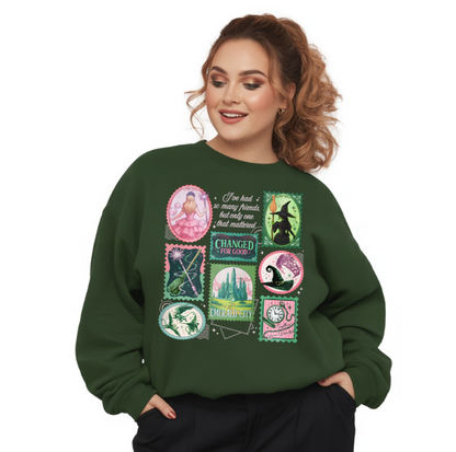 Woman wearing a green sweatshirt with graphic designs and text on a white background