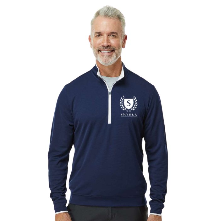 Man wearing a navy blue pullover with a logo on a white background