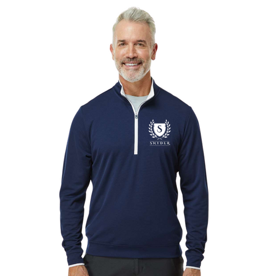 Man wearing a navy blue pullover with a logo on a white background