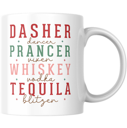 White mug with colorful text design on a white background