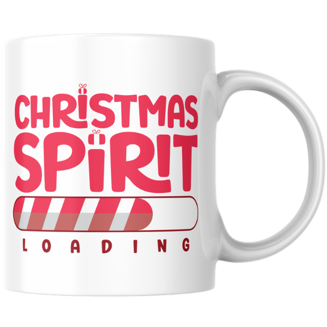 White mug with red text 'Christmas Spirit Loading' on a white background