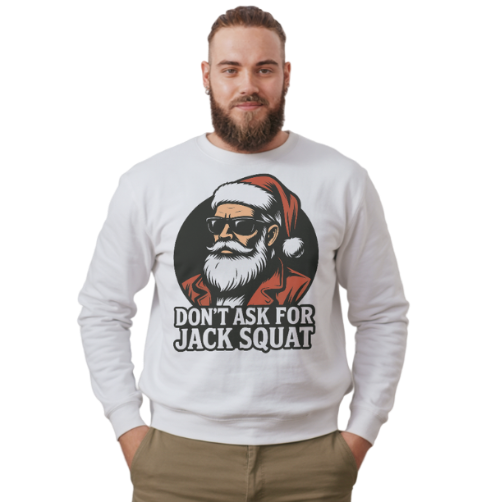 Man wearing a white sweatshirt with a graphic design and text on a white background