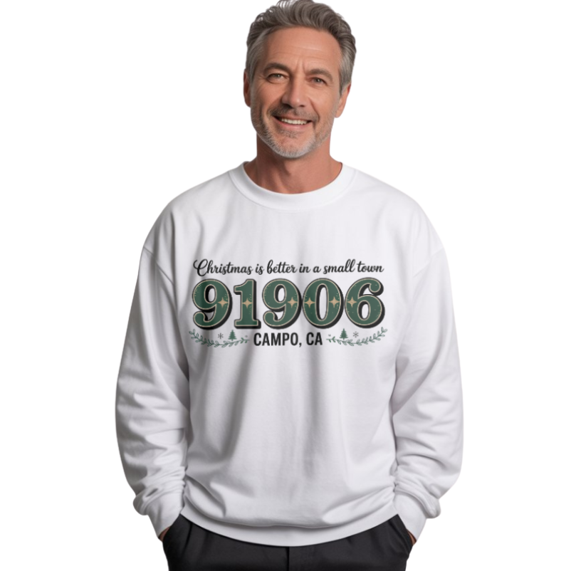 Man wearing a white sweatshirt with text and numbers on a white background