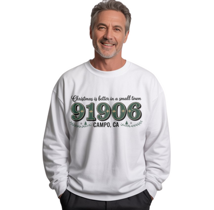 Man wearing a white sweatshirt with text and numbers on a white background