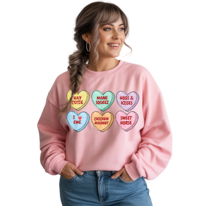 Woman wearing a pink sweatshirt with colorful heart-shaped text designs on a white background. Each heart contains different farm themed puns such as: Hay cutie; Mane Squeez; Hogs & Kisses; I love Ewe; Chicken Magnet; Sweet Horse