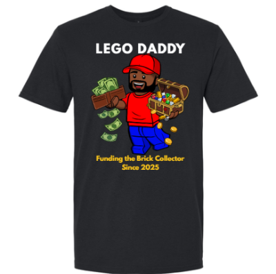 Black t-shirt with 'LEGO DADDY' graphic and text on a white background
