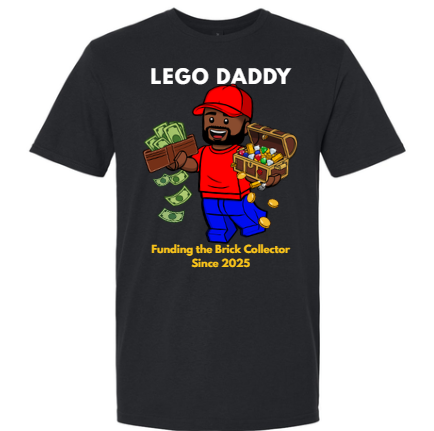 Black t-shirt with 'LEGO DADDY' graphic and text on a white background