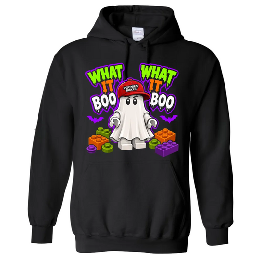 A black pullover hoodie featuring a colorful graphic on the front with the text 'WHAT IT BOO WHAT IT BOO' in neon green and white, a cartoon ghost wearing a red cap that says 'POOKER'S BIRCH', and orange, green, and purple toy blocks, shown on a plain white background.